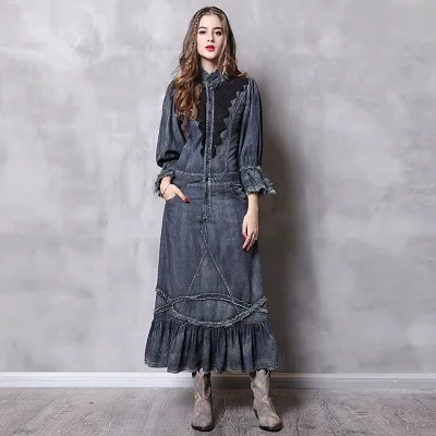 Женское платье Yuzi. may Boho новые осенние джинсовые платья со стоячим воротником Длинные элегантные кружевные лоскутные платья Vestidos Femininos A82112 - Цвет: Denim