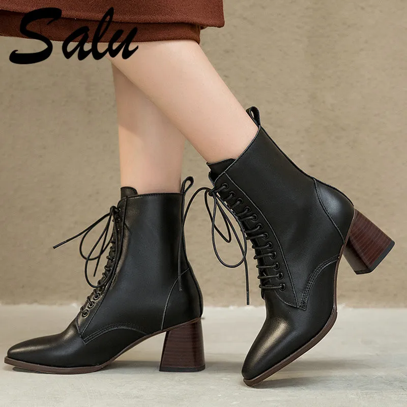 

Salu 2019 Top Quality Boots Women Ankle Boots High Heels Pointed Toe Genuine Leather Ladies Shoes Woman Warm Autumn Basic Boots