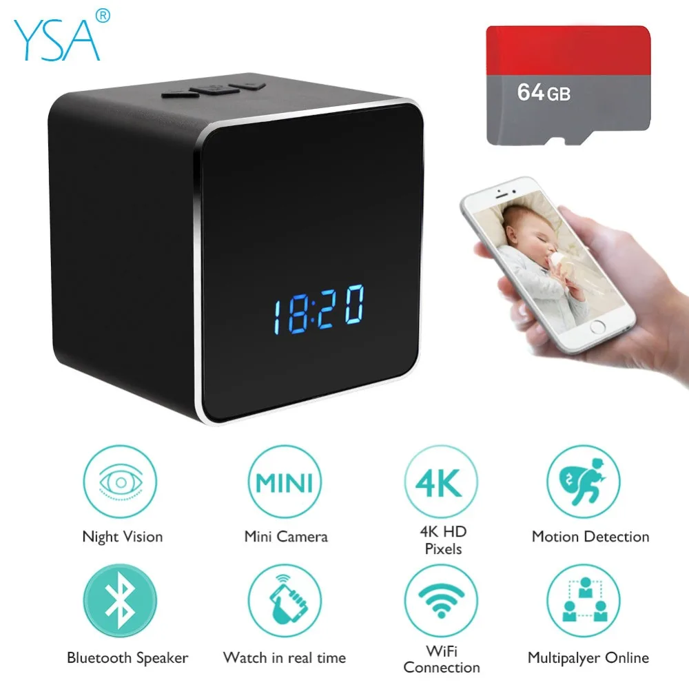 

YSA 1080P Wireless Wifi Camera Table Clock Portable Mini IP Camera Motion Detection Alarm Night Vision Bluetooth Speaker SD Card