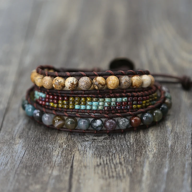 

Vintage Bracelet Handmade Woven Multi-layer Seed Beads Leather Bracelets 6MM Stone 3 Strands Boho Women Wrap Bracelets