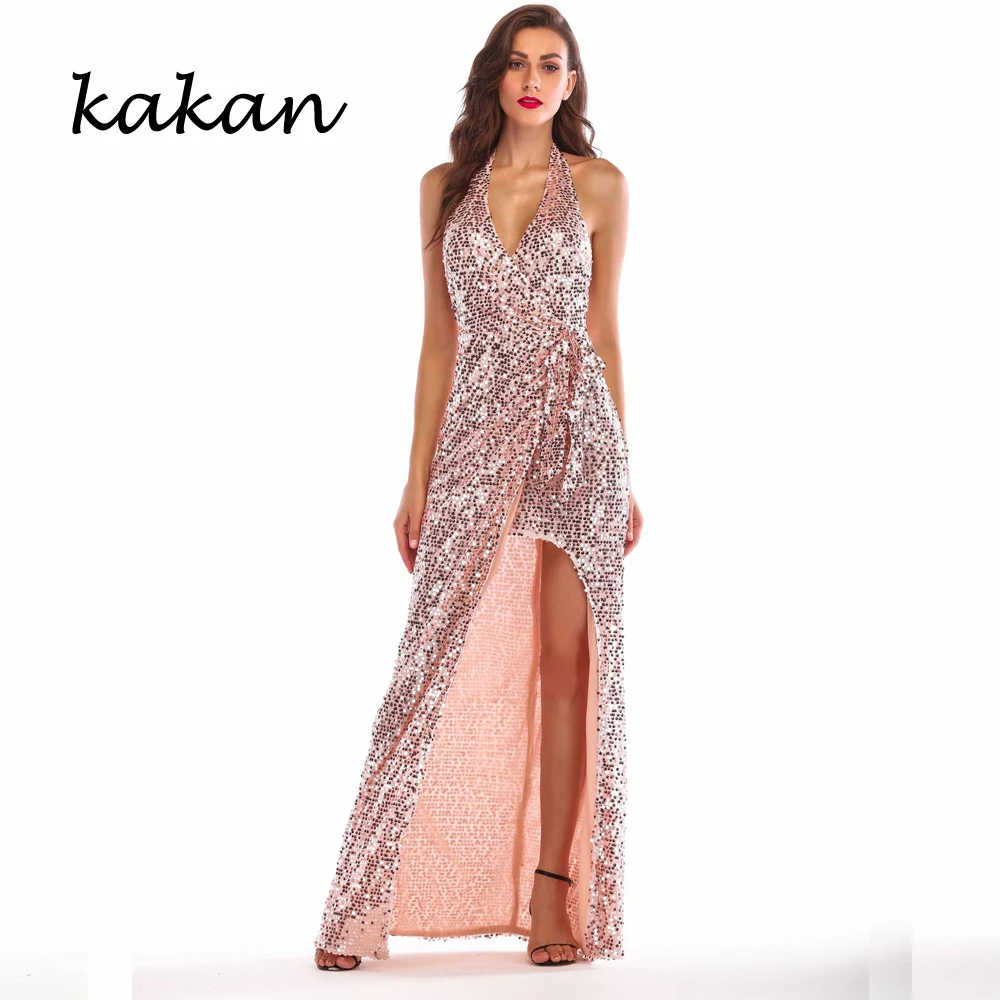 

Kakan 2019 spring new women's sequin dress sexy rose gold hanging neck dress sexy nightclub club party dress