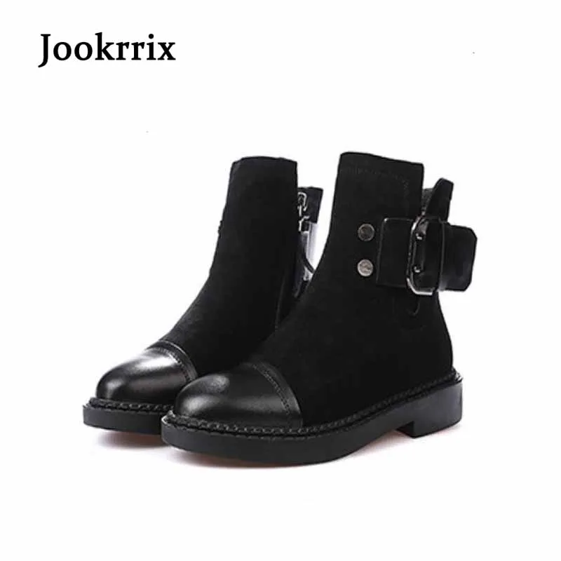 

Jookrrix Autumn Winter Fashion Boots Shoes Women Lady Genuine Leather Black Ankle Boot Brand Warm Martin Boot Winter Belt Buckle