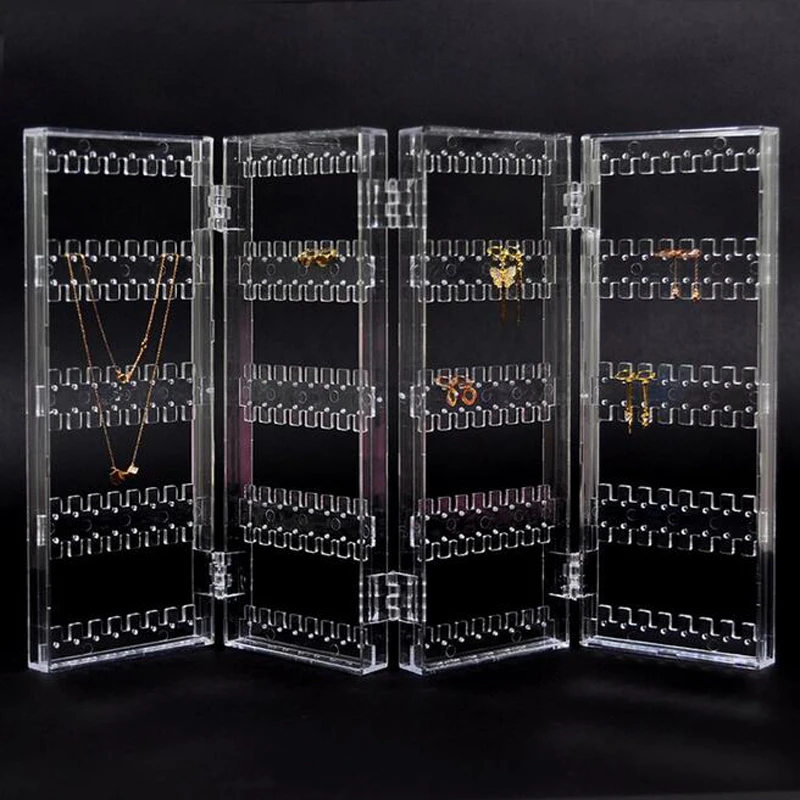 New 256 Holes Foldable 4 Panel Clear Makeup Jewelry Organizer Holder Earring Stud Necklace Bracelet Storage Stand Display
