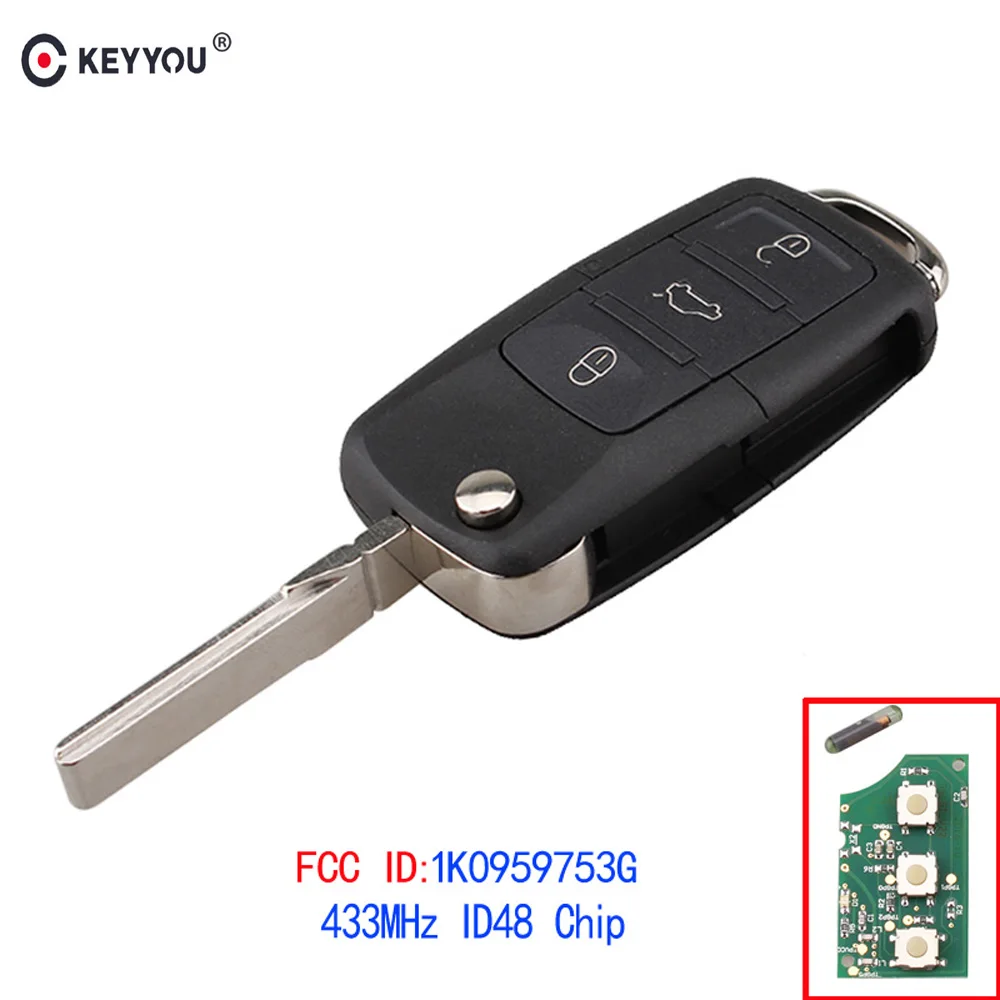 KEYYOU 3 кнопки дистанционного брелока 434 МГц с ID48 1K0959753G для VOLKSWAGEN VW PASSAT B5 B6 Skoda Tiguan Touran GOLF JETTA POLO