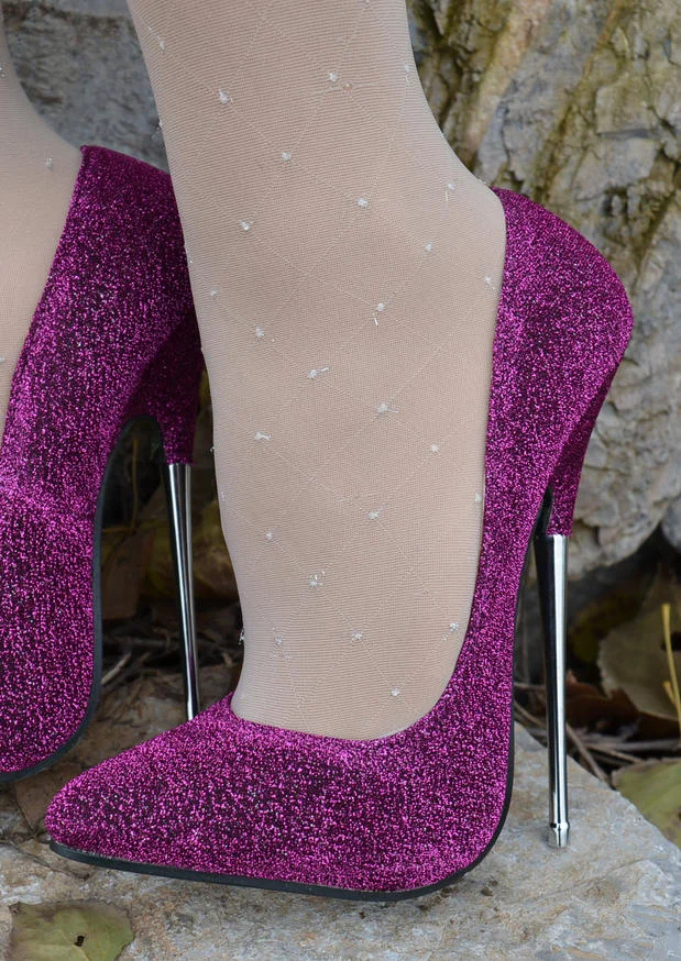 

New Purple Sequined Cloth Women's Pumps Super High Heels 16cm Shoes Steel Heel Pointed Toe Plus Size 39 40 Female Bling