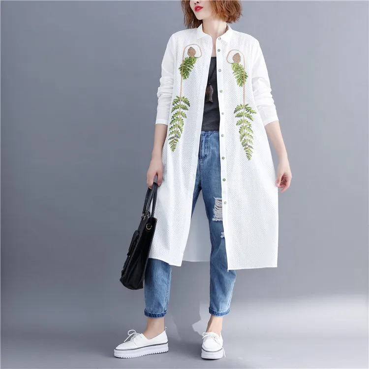 Новое поступление, Женская длинная хлопковая белая блузка с вышивкой в виде листьев, летняя женская белая рубашка с длинным рукавом и отложным воротником, Топ T96412F