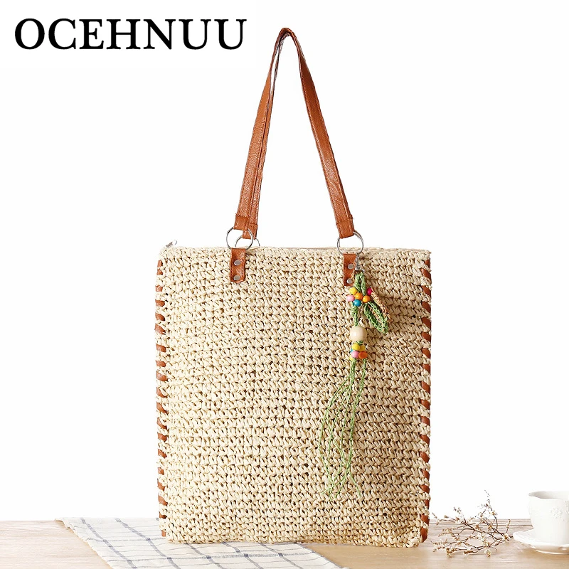 

OCEHNUU New Big Beach Bags Straw Women Tote Bag Female Handbag Summer 2018 Knitted Fashion Women's Shoulder Bag Zipper Holiday