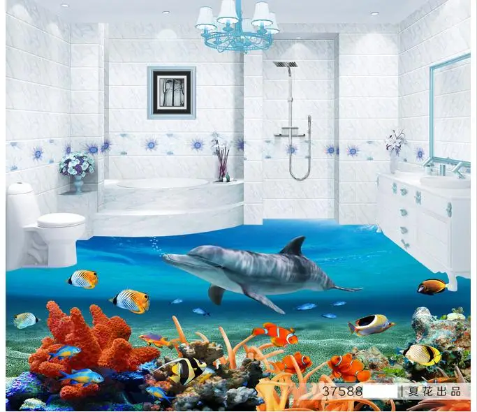 

Customized 3d photo wallpaper 3d floor painting wallpaper The aquarium fish 3D stereo floor living room decoration