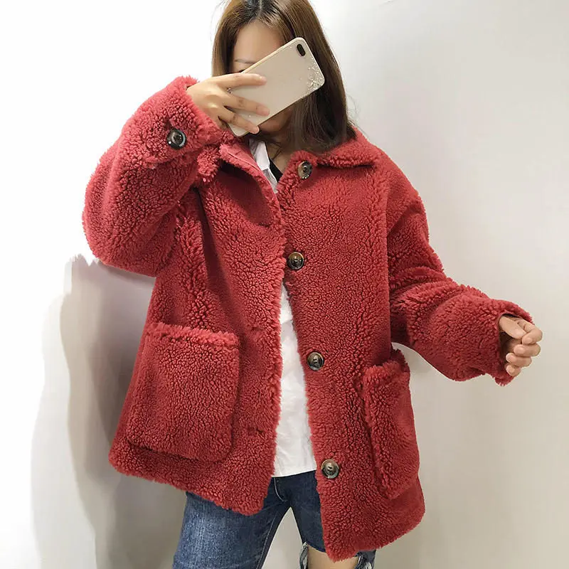 Осенне-зимняя куртка из искусственного меха ягненка, женская теплая утепленная куртка с длинным рукавом, женская Свободная куртка из овечьей шерсти, верхняя одежда, пальто с мехом для женщин, Q1724 - Цвет: Red