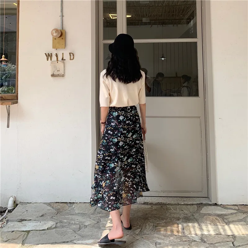 2019 Лето японский стиль мода новый цельный нестандартное платье с юбкой-годе шифоновая юбка с цветочным принтом длиной до щиколотки лук