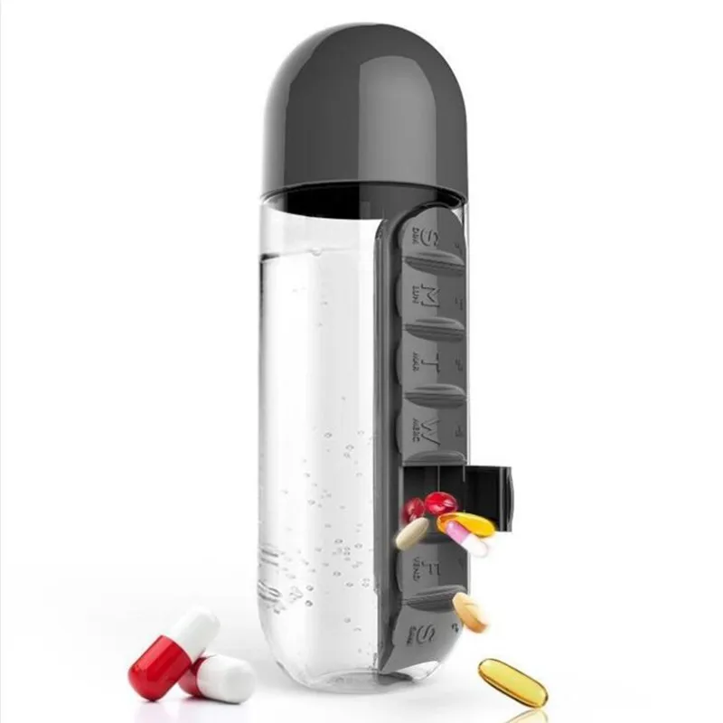 BAISPO 600 мл бутылка для воды спортивная комбинация ежедневных таблеток Органайзер питьевой запаянный герметичный пластиковый флакон - Цвет: Черный