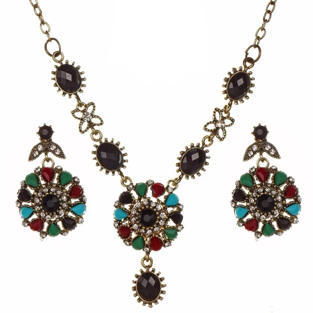 Винтажные хрустальные турецкие Ювелирные наборы, много цветов, Золотое массивное ожерелье, серьги для женщин, модные аксессуары, подарок - Окраска металла: F1077A
