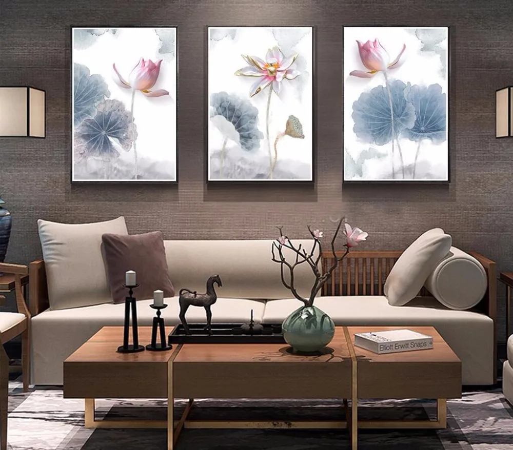 

New Chinese Modern Simple Ink Lotus Relief 3D Decorative Canvas Painting Unframed 3 Panels Home Decoration Wall Poster and Print