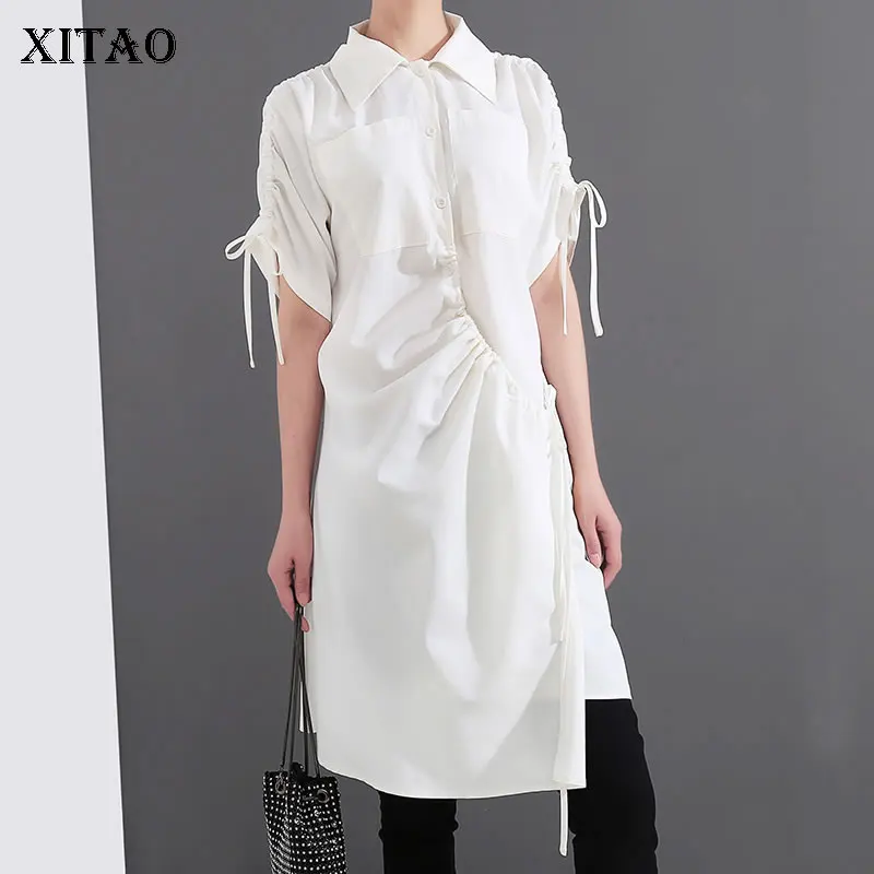 

XITAO Irregular Bandage Pleated White Black Dress Women Clothes 2019 Fashion Slim Match All Dress Summer New Fashion GCC1128