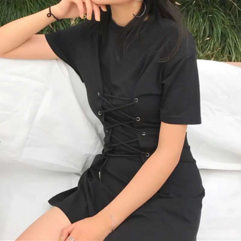 Vintage String Lace Up Sexy Shirt Dress Short Mini Summer Black Dress Petite Robe Femme Vestido