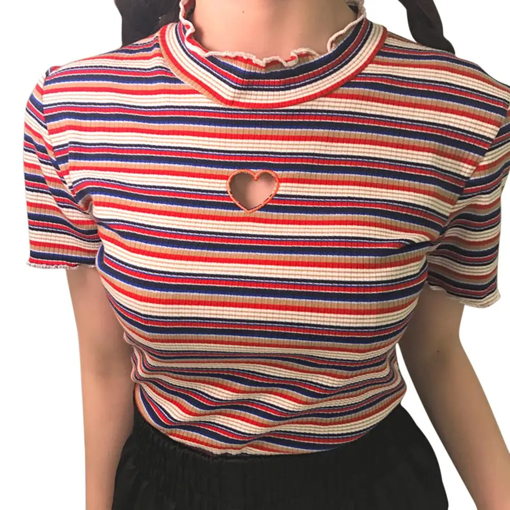 

2019 New Yfashion Women Chic Hollow Heart-shaped Embroidery Stripe Short Sleeve T-shirt