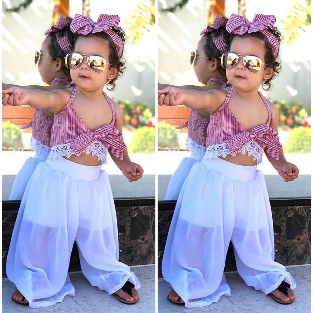 Baby Girl Outfits Set Bow Lace Halter Striped Tops+Tulle Pant Headband Big Kids Summer Clothes Girls meisjes kleding 2 jaar | Мать и