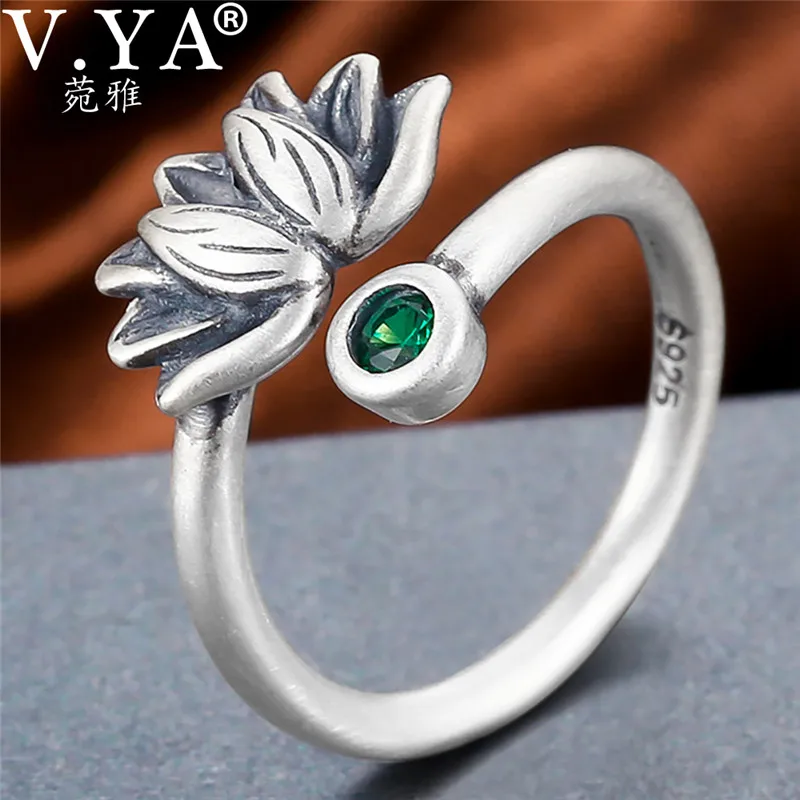 

V.YA Retro Green CZ Crystal Open Rings For Women Real Pure 925 Silver Lotus Flower Ring Jewelry Accessories High Quality