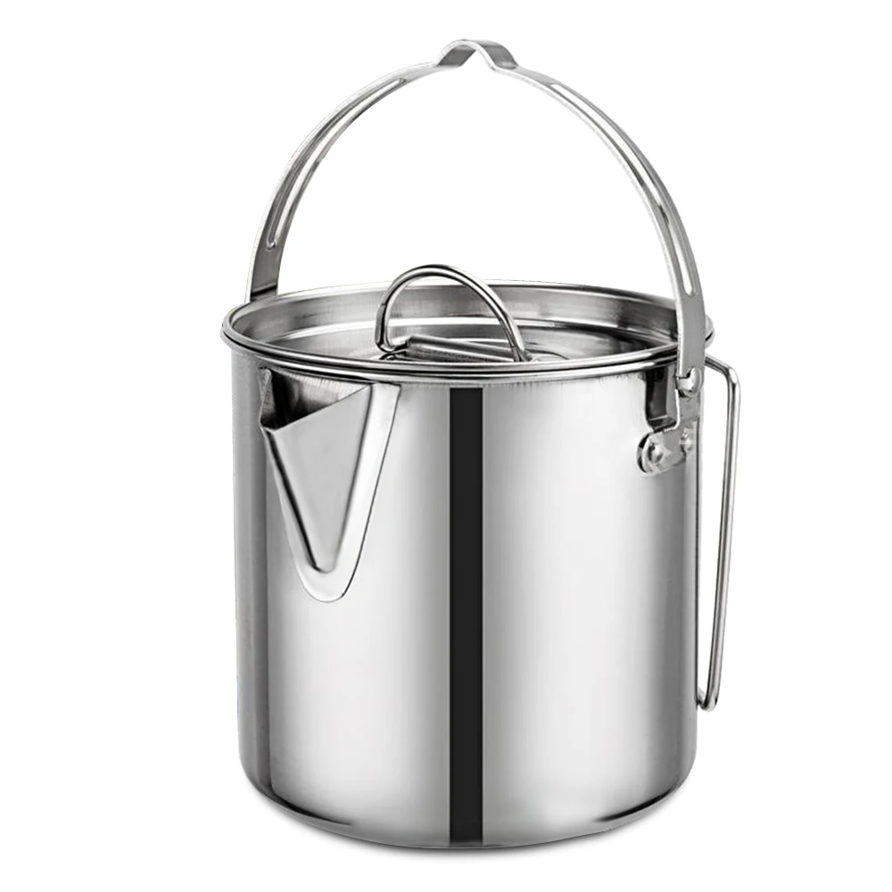 

1.2L Outdoor Hanging Pot Stainless Steel Camp Cup Camping Soup Coffee Pot Foldable Handle Water Kettle with Cover