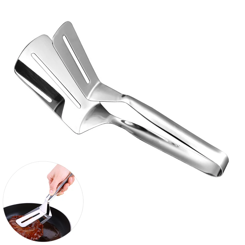 

LMETJMA 2 in 1 Multipurpose Gripper Bread Clip Stainless Steel Fried Steak Clamp Barbecue Tongs Beefsteak Turner KC0279