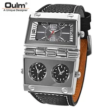 Oulm relógio masculino, três fusos horários 2 mostradores esporte relógios grande quartzo relógio masculino couro genuíno relógio de pulso militar casual homem