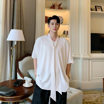 

Men Oversize Short Sleeve Tie Bow Loose Casual Black White Pullover Shirt Male Women Couple Shirt Japan Streetwear Dress Shirts
