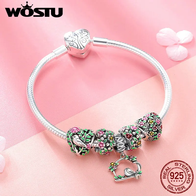WOSTU Venta de plata de ley 925 de primavera flores hojas y pájaro pulsera del encanto para las mujeres de la marca de moda de regalo de la joyería de CQB804 - 5
