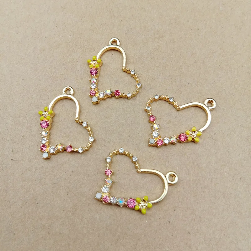 

10pcs 24x23mm Accessories enamel flower heart charms crystal rhinestone Love earrings Necklace Pendant handmade DIY material