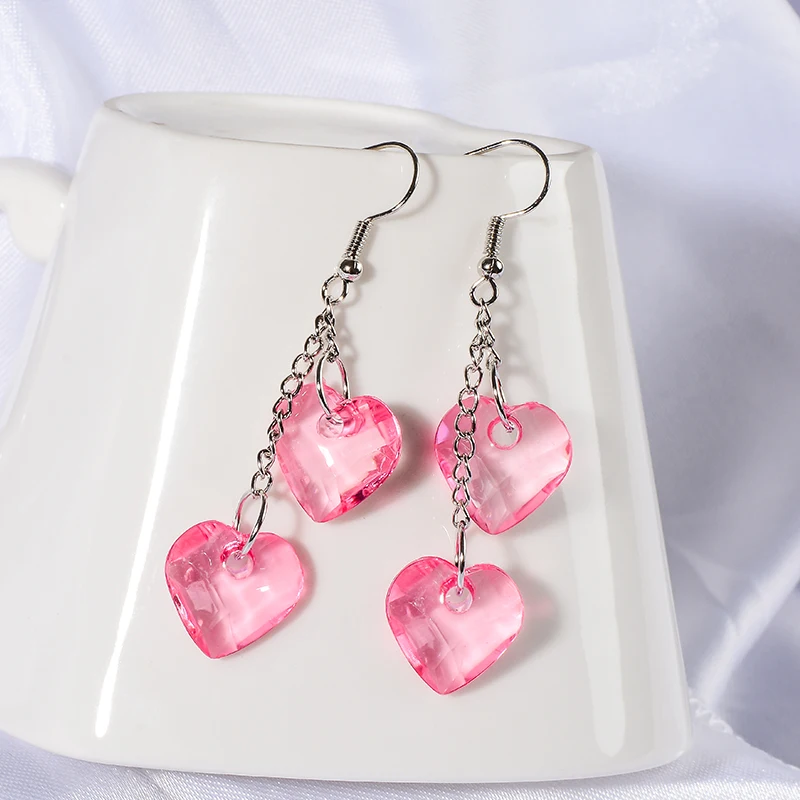 QCOOLJLY новые серебряные серьги романтическое розовое хрустальное сердце форма ювелирные изделия Модные Висячие серьги для женщин Brinco