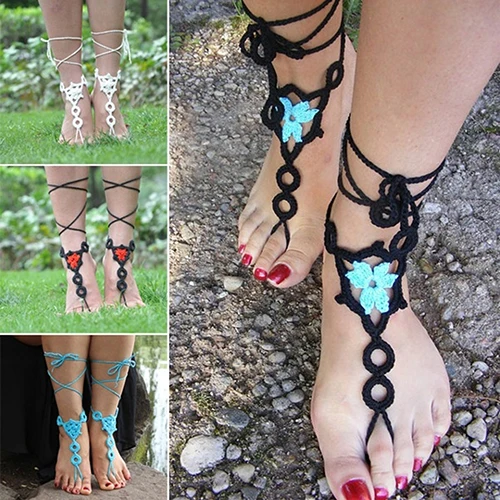 1 Pair Summer Barefoot Sandals Crochet Jewelry Cotton Bracelet Foot Ankle Anklet