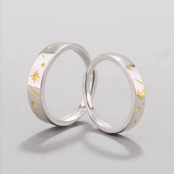 

New Fashion 925 Sterling Original Star Moon Adjustable Ring Female Elegant Texture Rings For Lovers' Couples Gift Jewelry