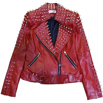 

2020 New Autumn Winter Womens Coats Red European Punk Style Rivet PU Leather Jacket Female Slim Fit Short Biker Jacket Coat 743