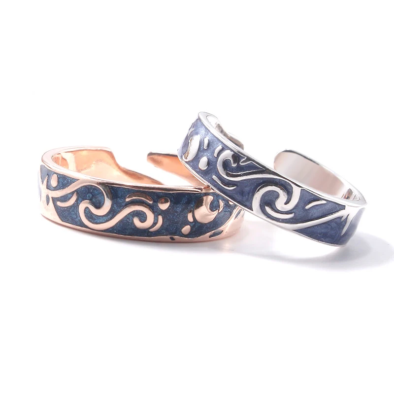 

2019 New The Starry Night Pattern Ring Vincent van Gogh Works Blue Enamel Adjustable Lovers Ring Fashion Jewelry Gift
