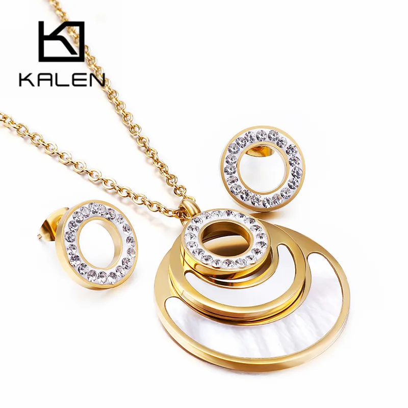 KALEN Women Double Layer Shell Jewelry Sets Stainless Steel Zircon Necklaces Earrings Sets For Women Wedding Engagement Jewelry