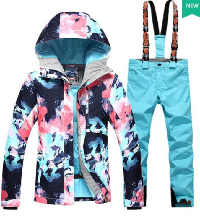 Women blue skiing suit female black ski skateboarding riding clothes