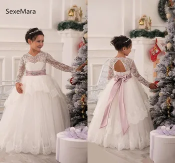 

Long Sleeve Flower Girl Dresses with Bow Sash Beads White Lace Pageant Dresses Kids Formal Wear First Communion Dress