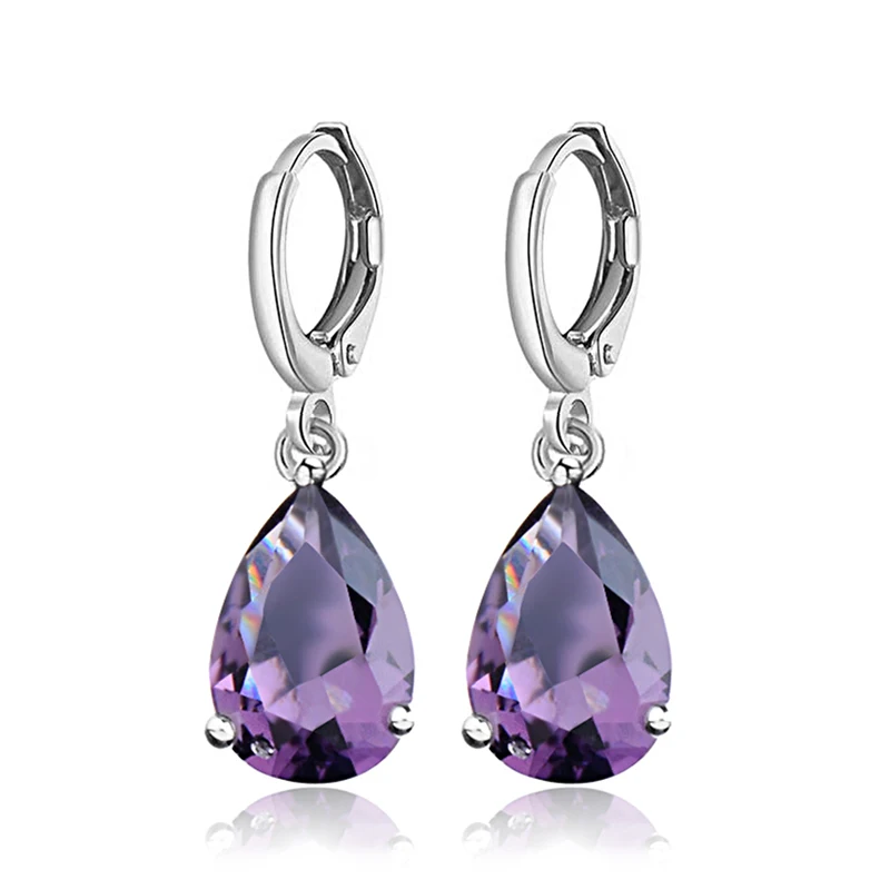 

Purple CZ Jewelry silver Color Waterdrop Pendiente Brincos 7 Colors Cubic Zircon Enchanting Hoop earring For Women boucle
