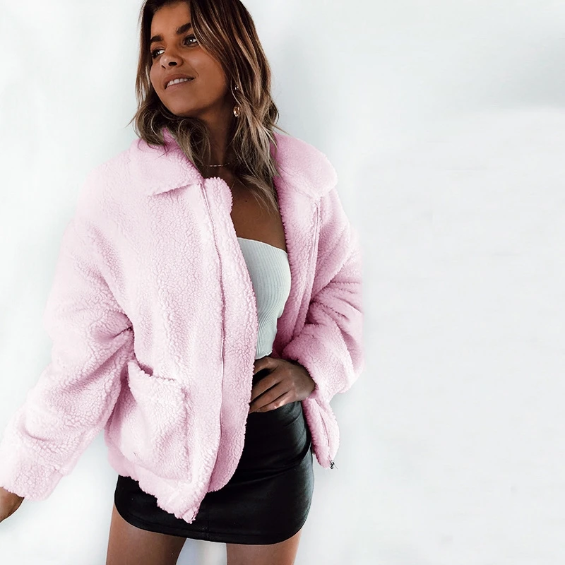 

Winter Wool Overcoat Warm Outerwear Women fashion Pink Faux Fur Coat Turn Down Collar Long Sleeve Cardigan ladies autumn Outwear