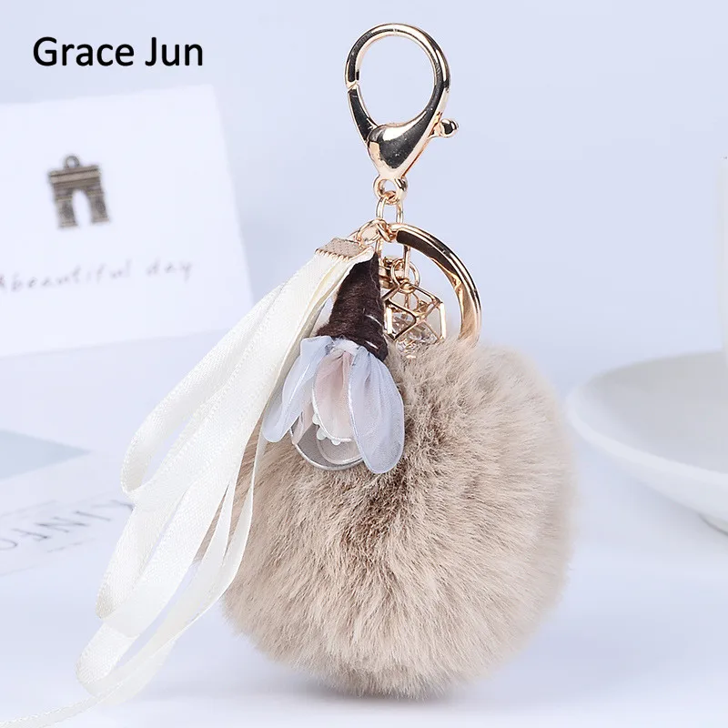 

12 Colors Choose Handmade Flower Ribbon Crystal Fluffy Faux Rabbit Fur Keychains for Women Handbag Key Bag Car Pendant Bijoux