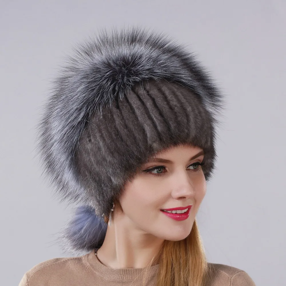 

New Design Fashion Hat Real Natural Mink Fur Hat With Silver Fox Fur Cap For Women With Hanging Chain In The Back And Fur Balls