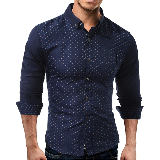 Brand Mens Luxury Dress Shirt Cotton Smart Casual Tops Polka Dot