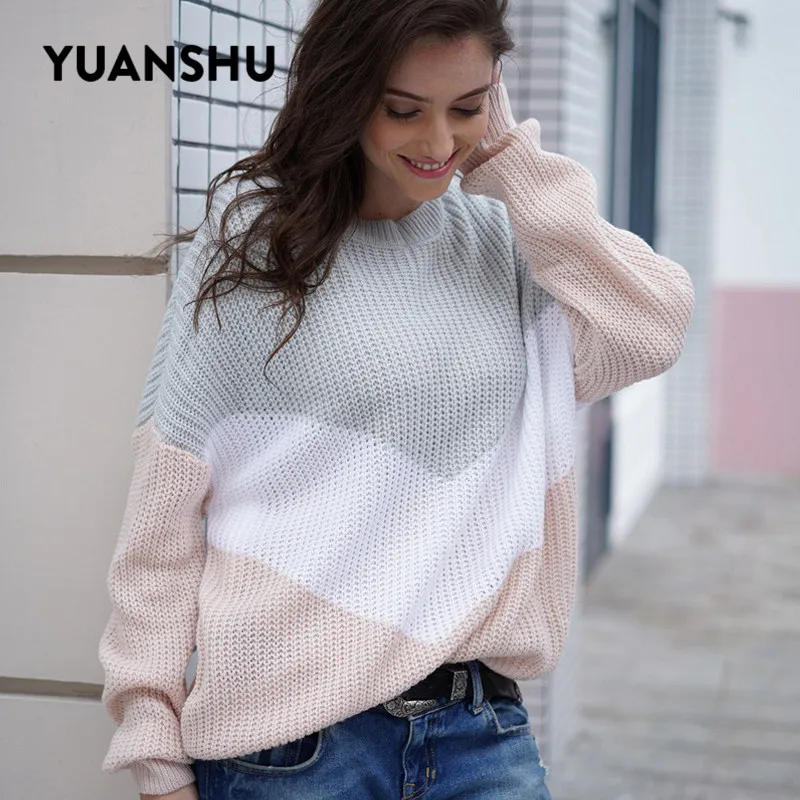 

YUANSHU Contrast Knitted Sweater Women Autumn Winter 2019 Long Sleeve Pullover Sweaters Plus Size Loose Casual Female Jumpers