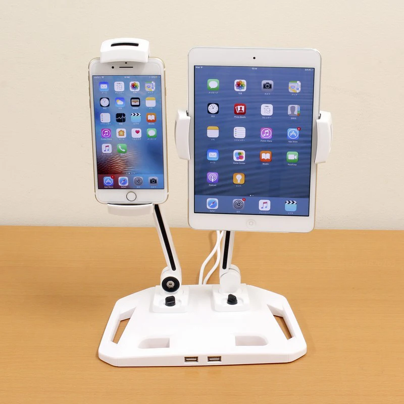 

Dual Arm 360 Full Rotation Foldable Aluminum Alloy 4.7-12.2 inch Tablet PC Holder+Smartphone Holder Stand with 2USB Port Charger