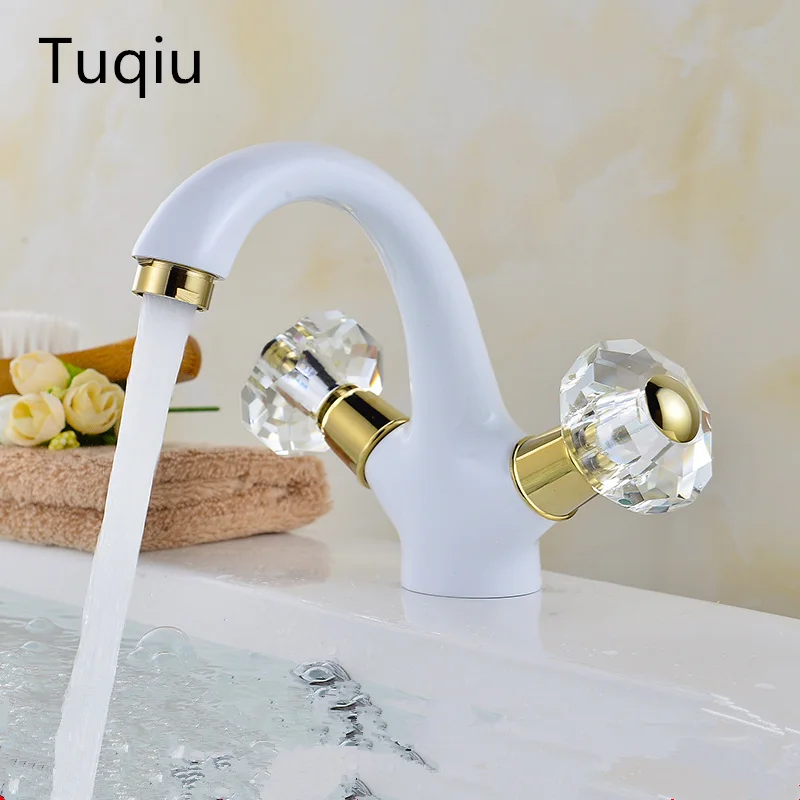

New arrival deck mounted hot and cold white and gold finished basin faucet sink mixer home decoration