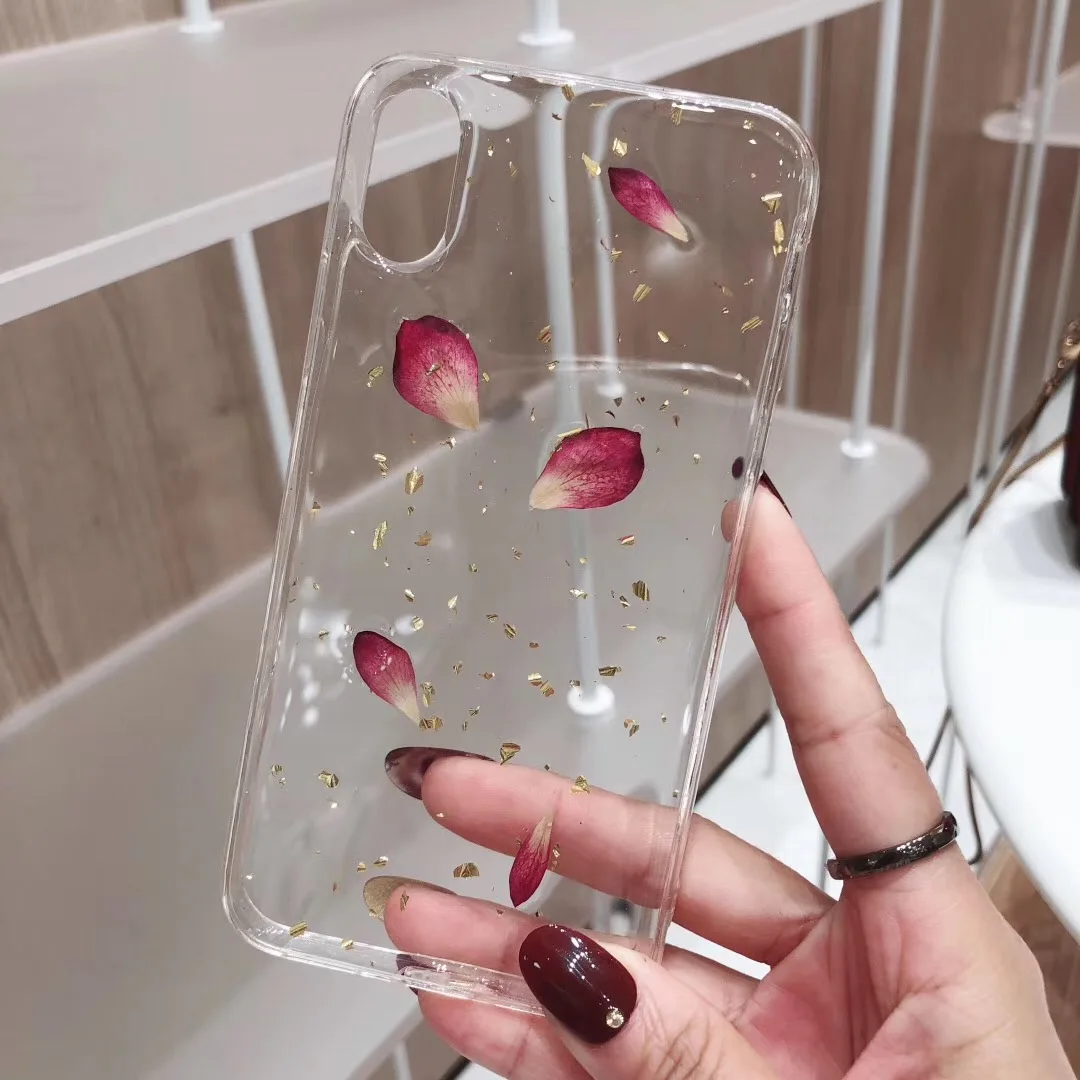 

Cute Real Dry Flower Case for iPhone 8 Soft Case for iPhone X XS XR XS Max 6 6s 7 8 plus Gold Foil Glitter Cover Epoxy Case Capa