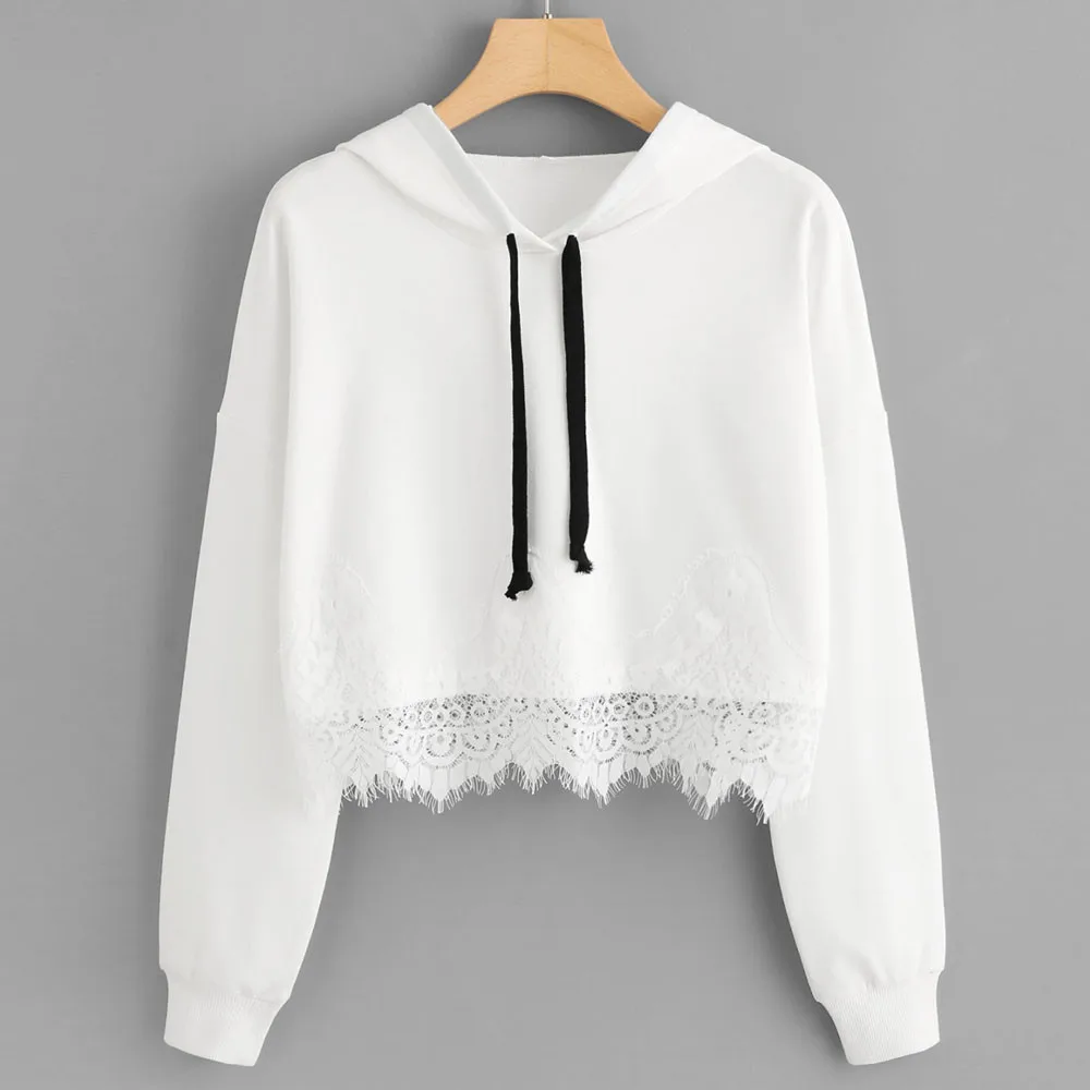 

New Fashion Women Lace Patchwork Sweatshirt 2018 Autumn Long Sleeve Solid Hooded Sweatshirt Pullover Casual Tops streetwear