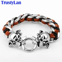 TrustyLan винтажные мужские ювелирные изделия из черной натуральной кожи Плетеный браслет браслеты из нержавеющей стали браслеты с черепами