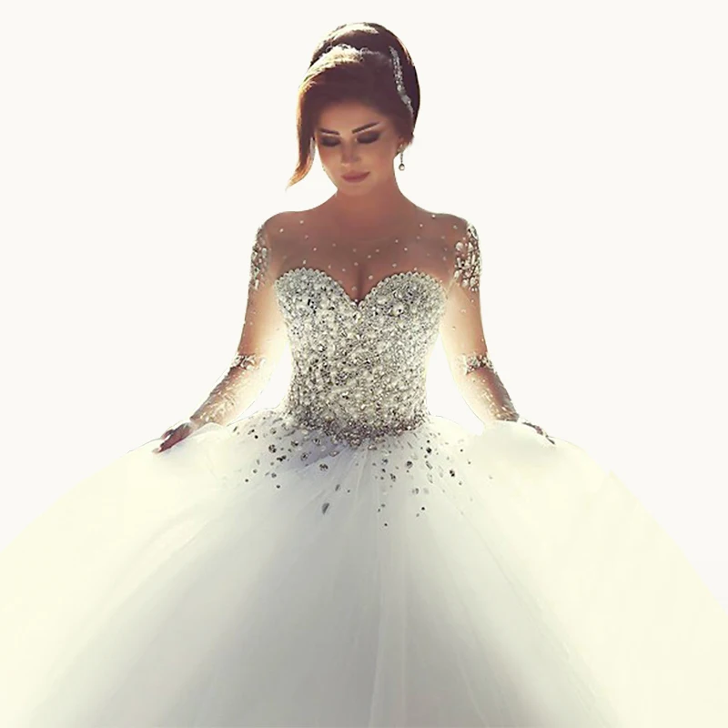 

New Arrival Beaded Organza Scoop Ball Gown Sweep Train Beaded Crystal Cheap Wedding Dresses Dress 2015