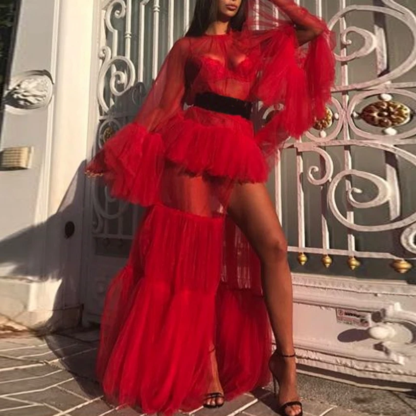 

2019 New Women Festive Red Mesh Dress Sexy Clear Maxi Split Elegant Long Sleeve Solid Special Evening Vestidos Chic Summer Club