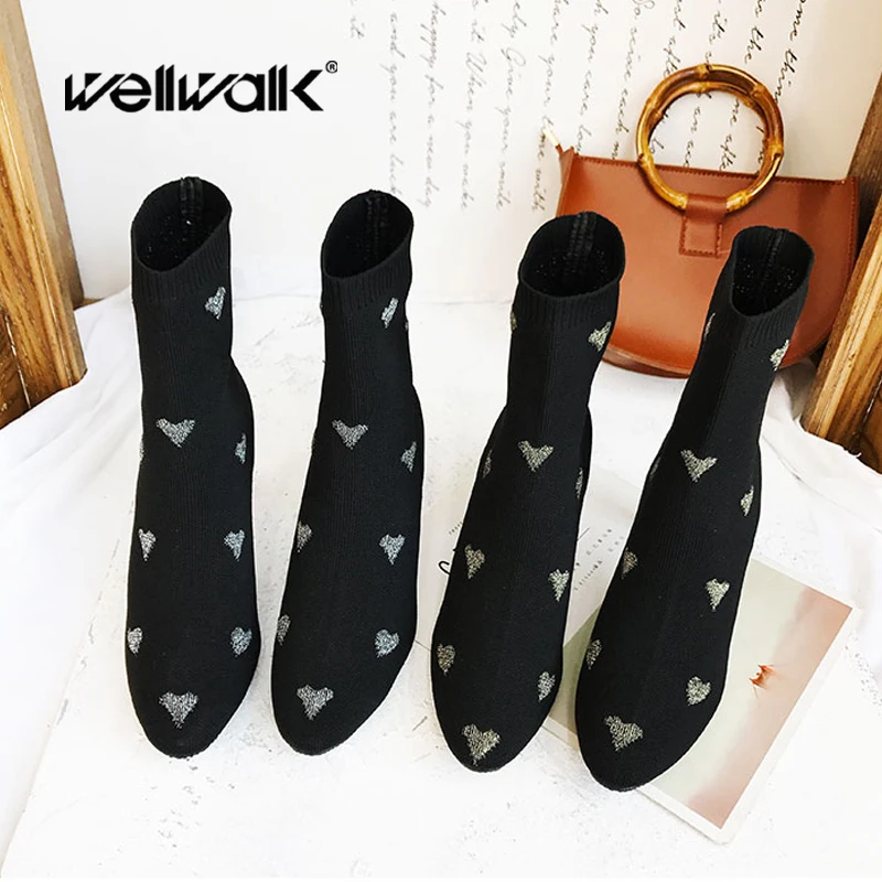 

Stretch Fabric Boots Women Winter Dress Botines Mujer Embroidery Ankle Boots Fenty Beauty Sock Booties Stiletto Pointed Toe